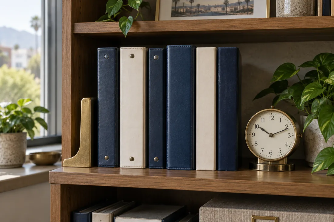 Reference binders, a brass bookend, and a clock on a wooden shelf
