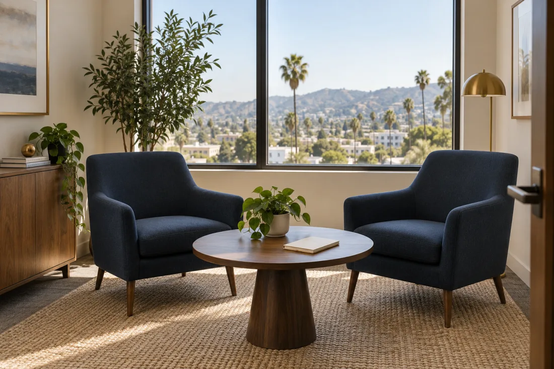 An unoccupied consultation room with two chairs and a small round table