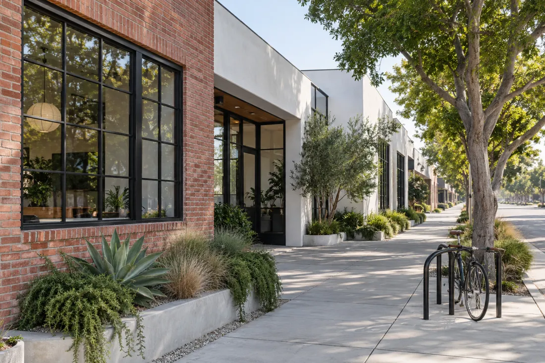Representative neighborhood scene: A low-rise brick office building beside a tree-lined sidewalk