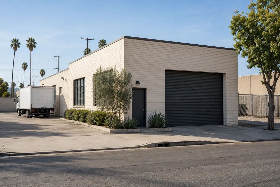 Representative neighborhood scene: A small industrial property with a parked box truck