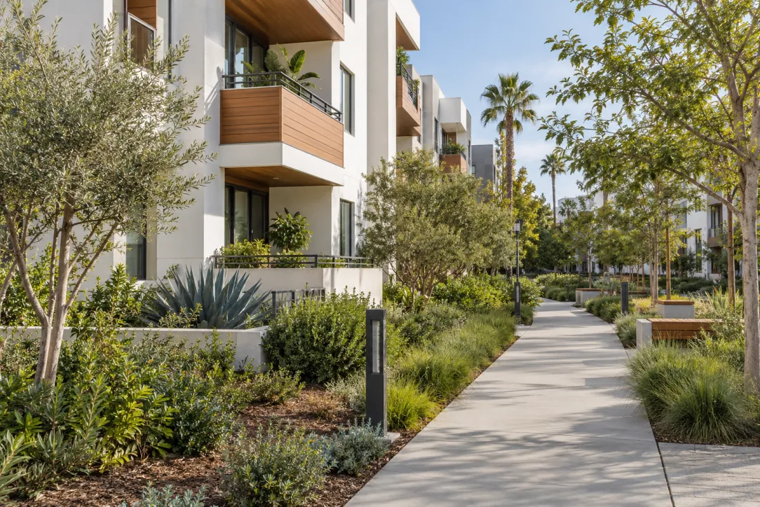 Representative neighborhood scene: Contemporary apartments beside a planted pedestrian greenway