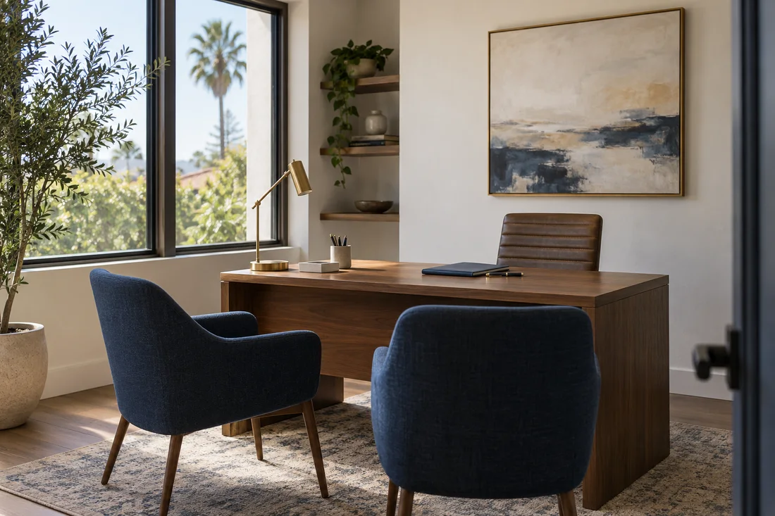 A sunlit meeting area with navy guest chairs and a walnut desk