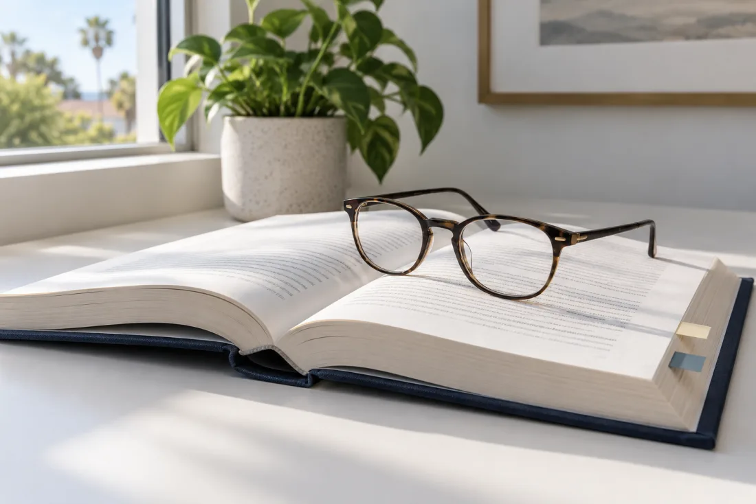 An open reference book, reading glasses, and page tabs