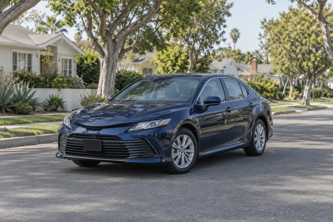 A dark blue sedan parked on a tree-lined residential street