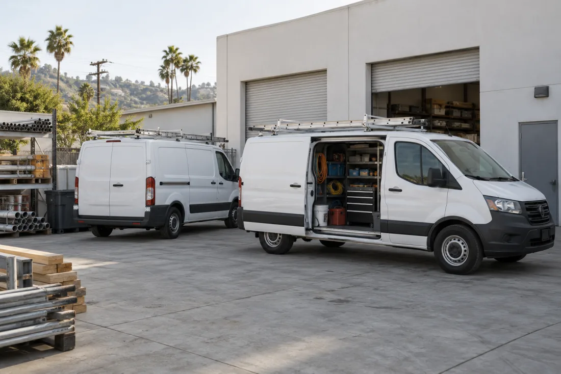 Two commercial vans with secured tool storage in a contractor yard