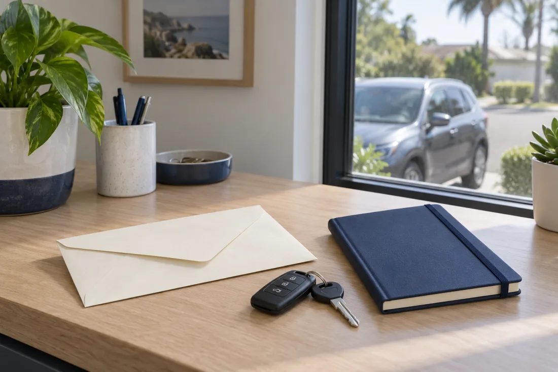 A document envelope, notebook, and car key ready for a coverage discussion