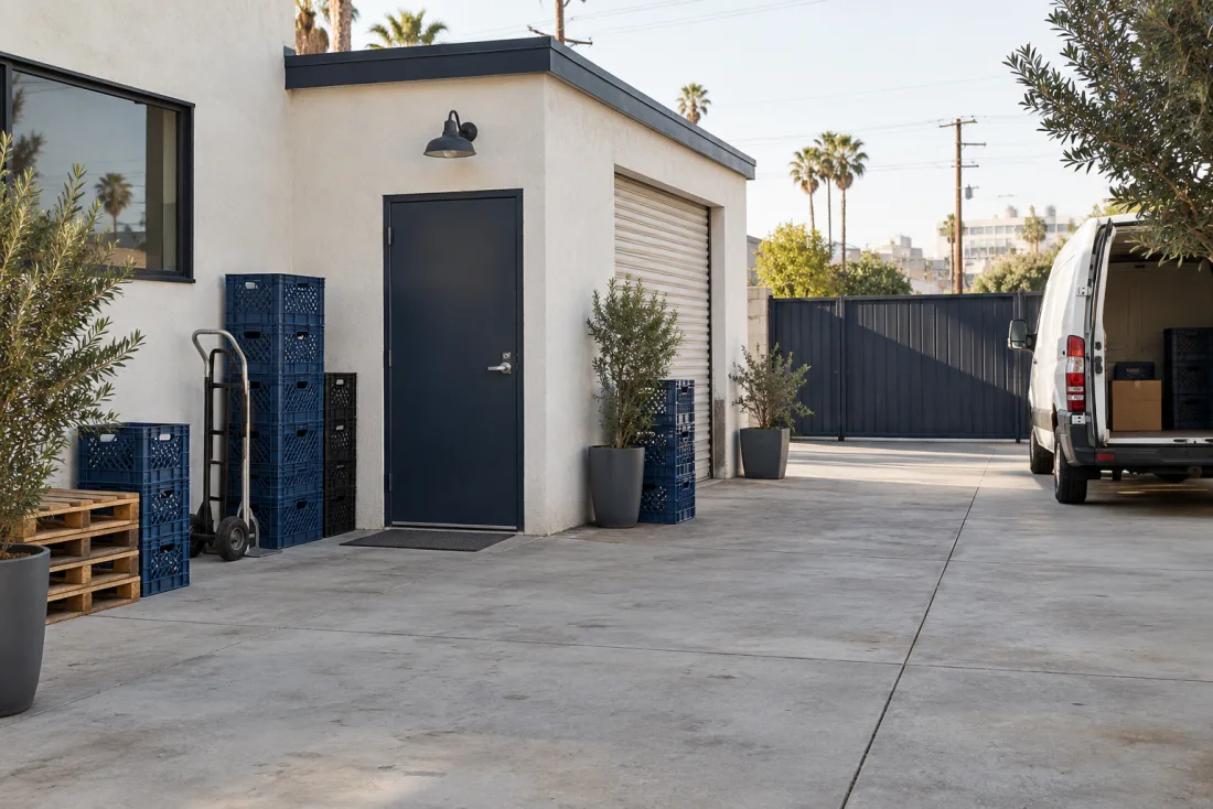 A commercial loading courtyard with crates and a delivery van