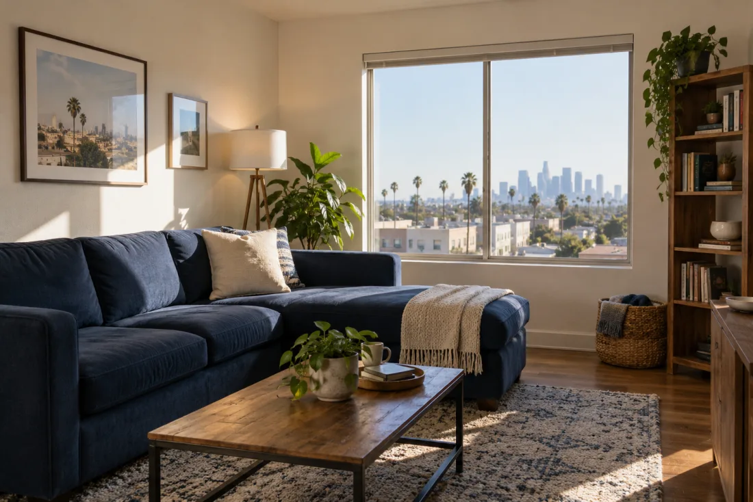 An apartment living room with a sofa, bookshelf, and neighborhood view