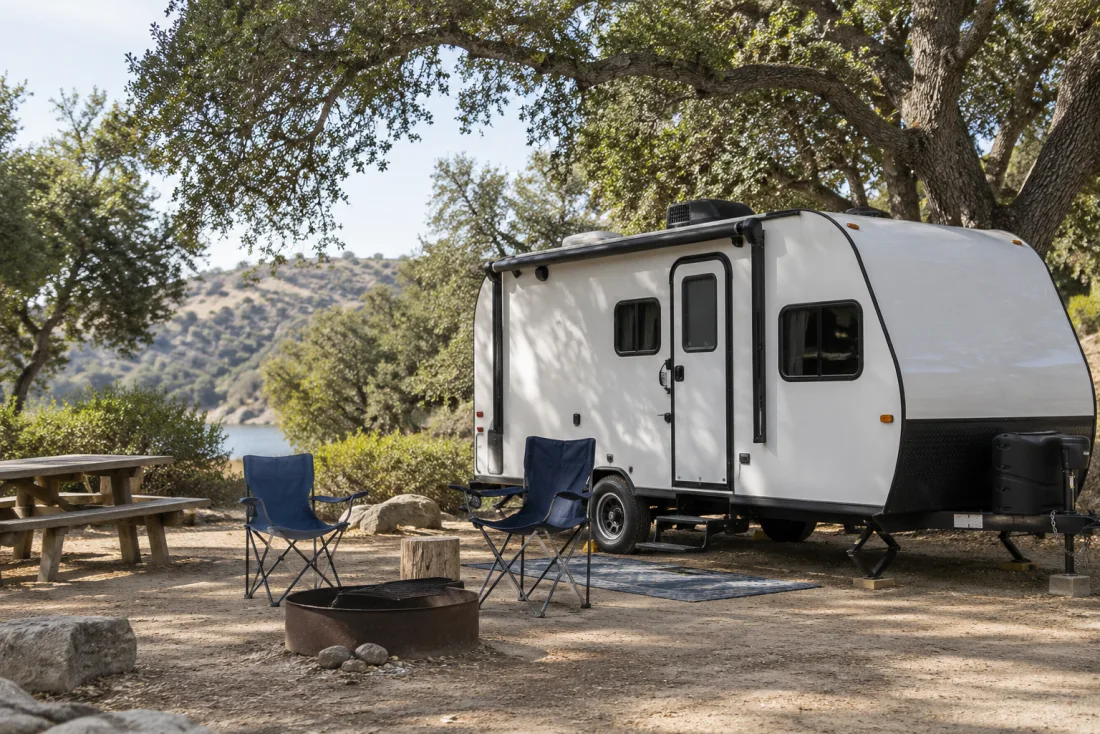 A travel trailer parked at a quiet oak-shaded campground