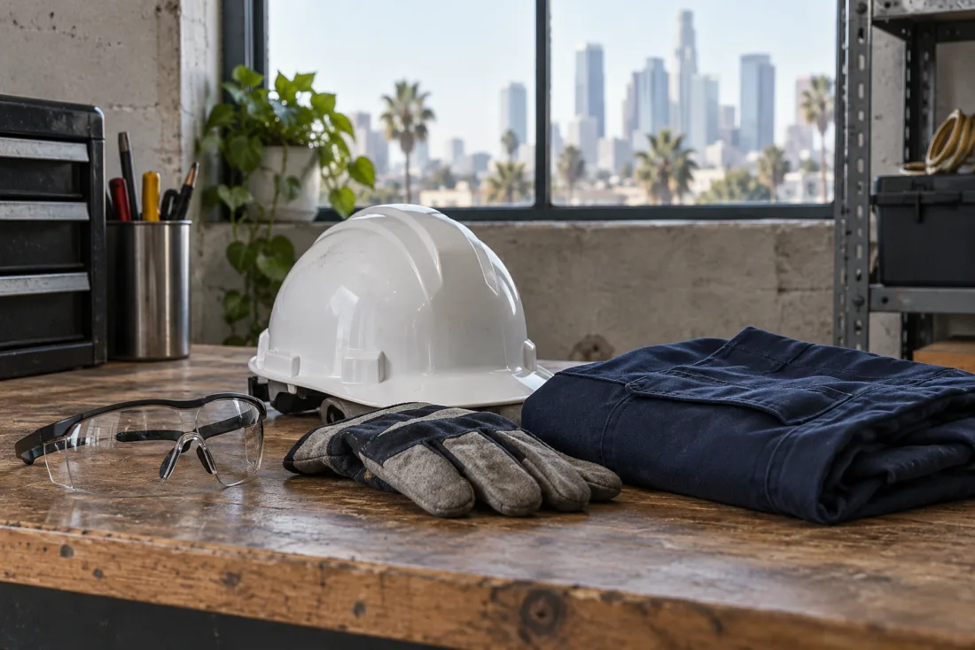Safety glasses, gloves, a hard hat, and a work jacket on a bench